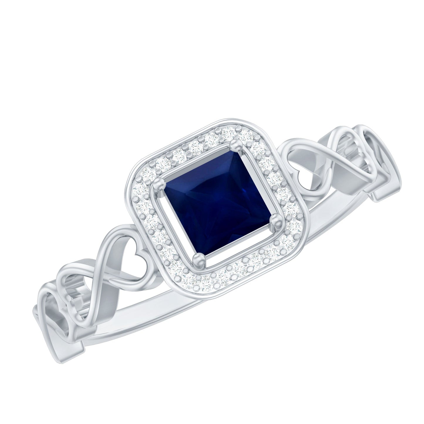 Natural Princess Cut Blue Sapphire Diamond Promise Ring with Infinity Heart Shank