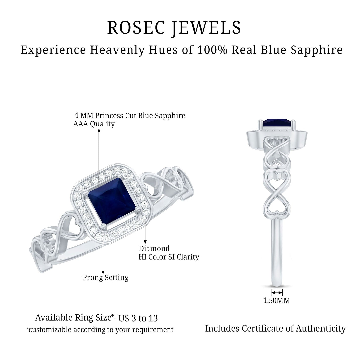 Natural Princess Cut Blue Sapphire Diamond Promise Ring with Infinity Heart Shank