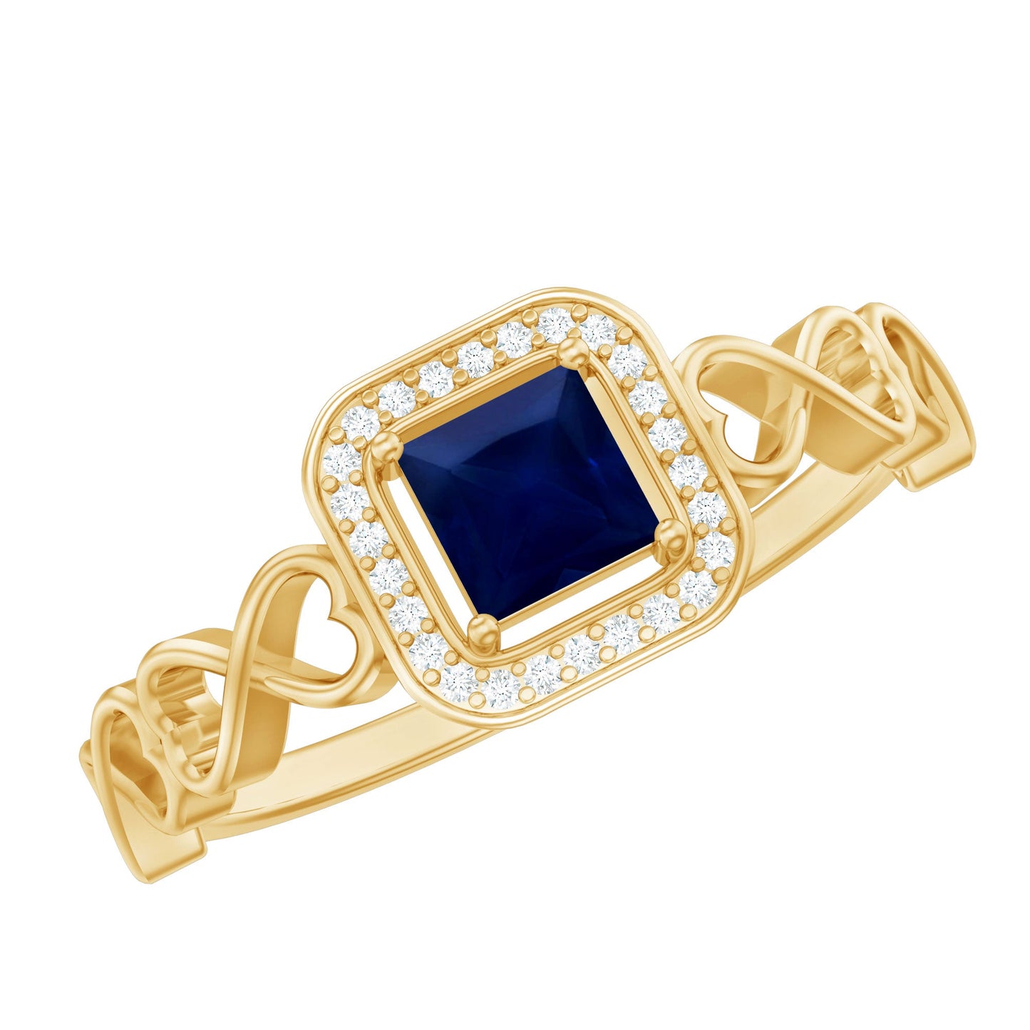 Natural Princess Cut Blue Sapphire Diamond Promise Ring with Infinity Heart Shank