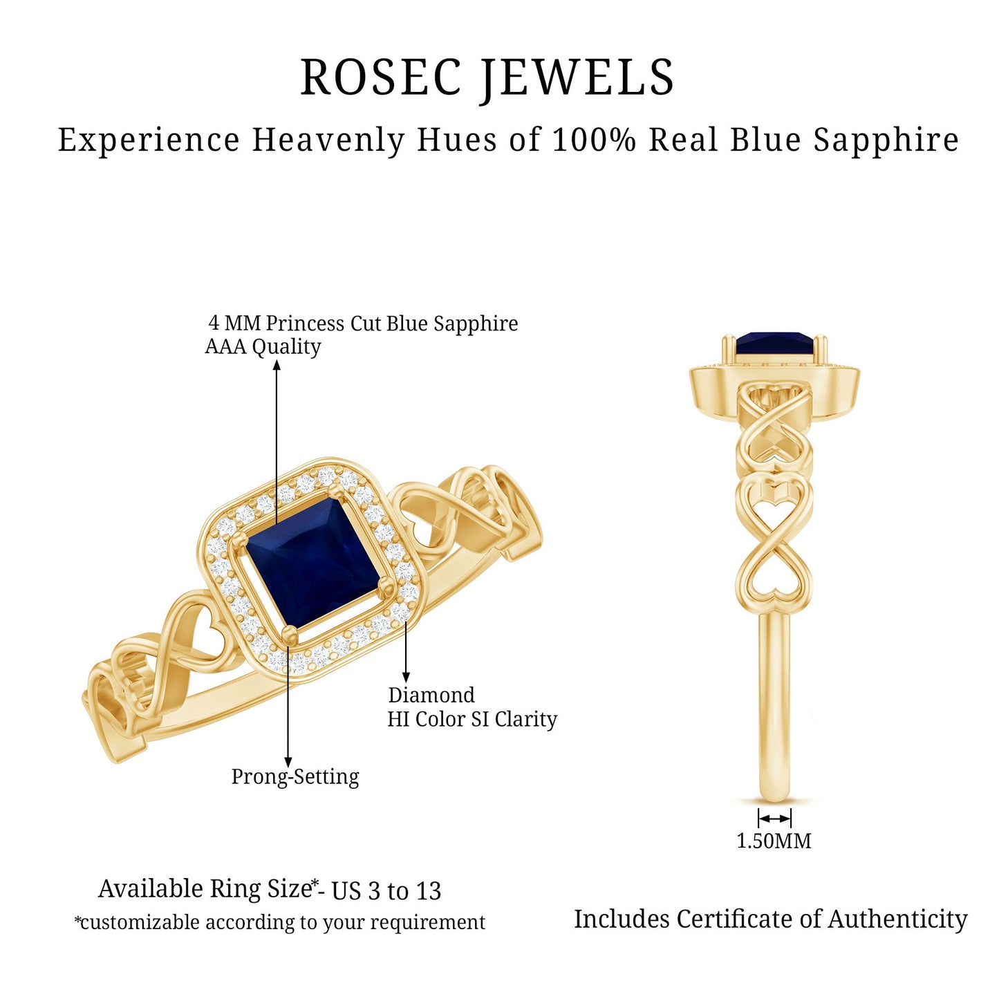 Natural Princess Cut Blue Sapphire Diamond Promise Ring with Infinity Heart Shank