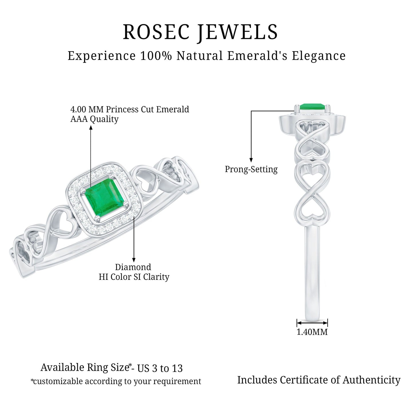 Natural Princess Cut Emerald Diamond Promise Ring For Her