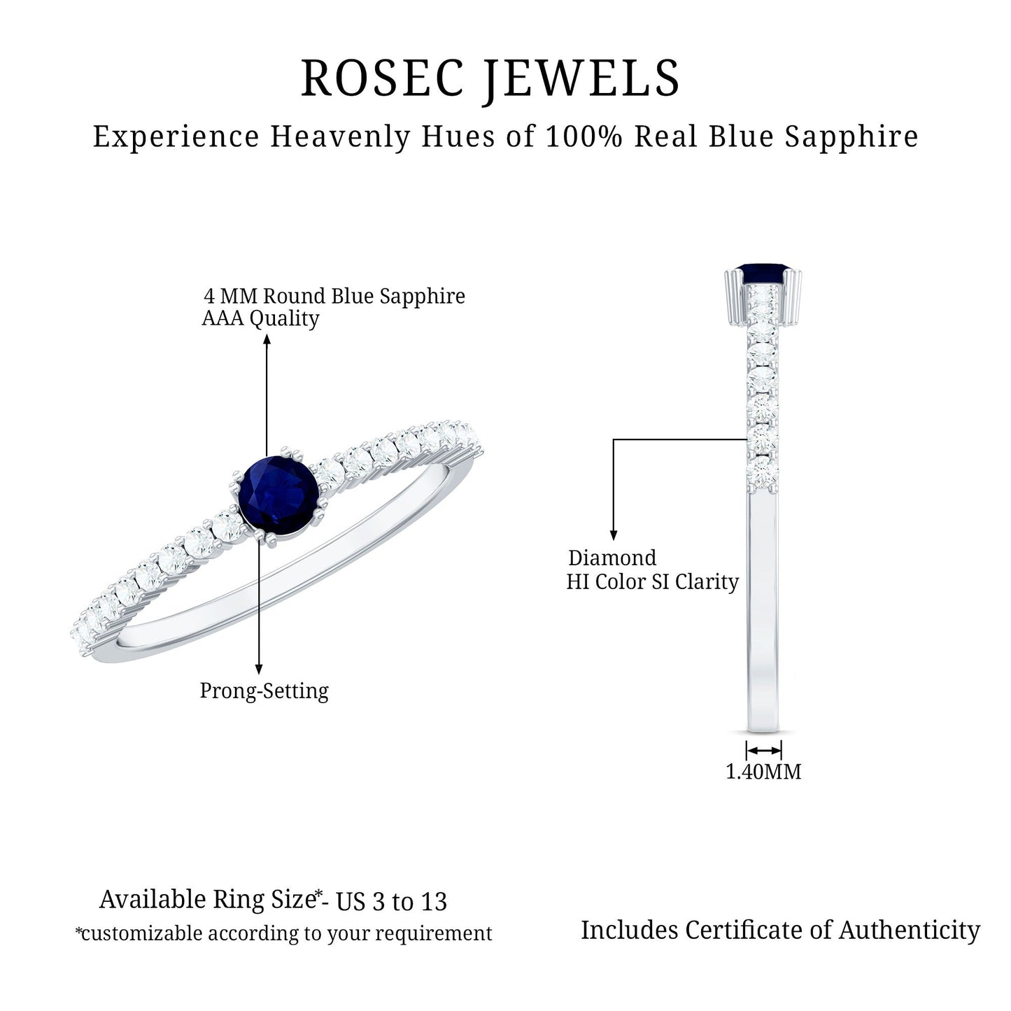 Genuine Blue Sapphire Promise Ring with Diamond