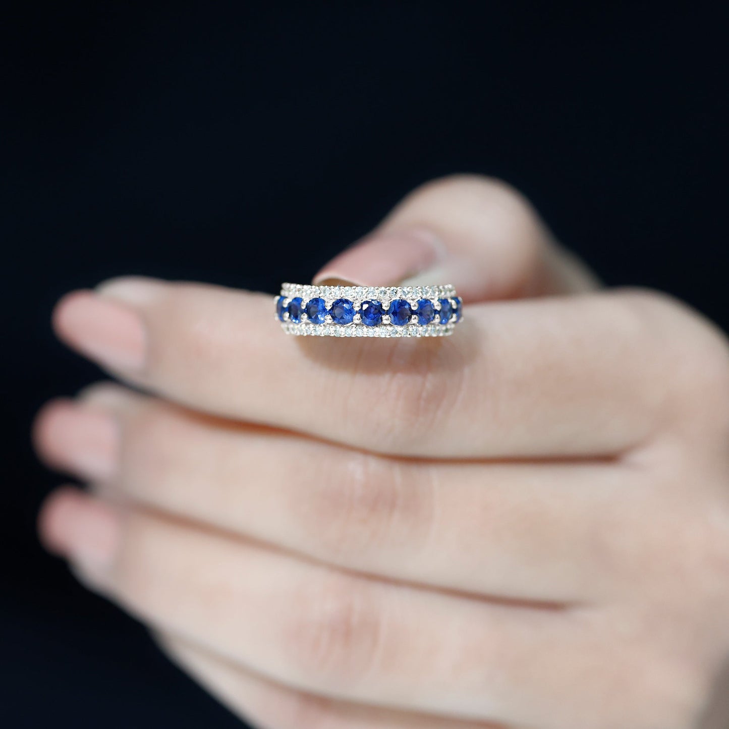 Certified Lab Grown Blue Sapphire Half Eternity Band Ring with Diamond