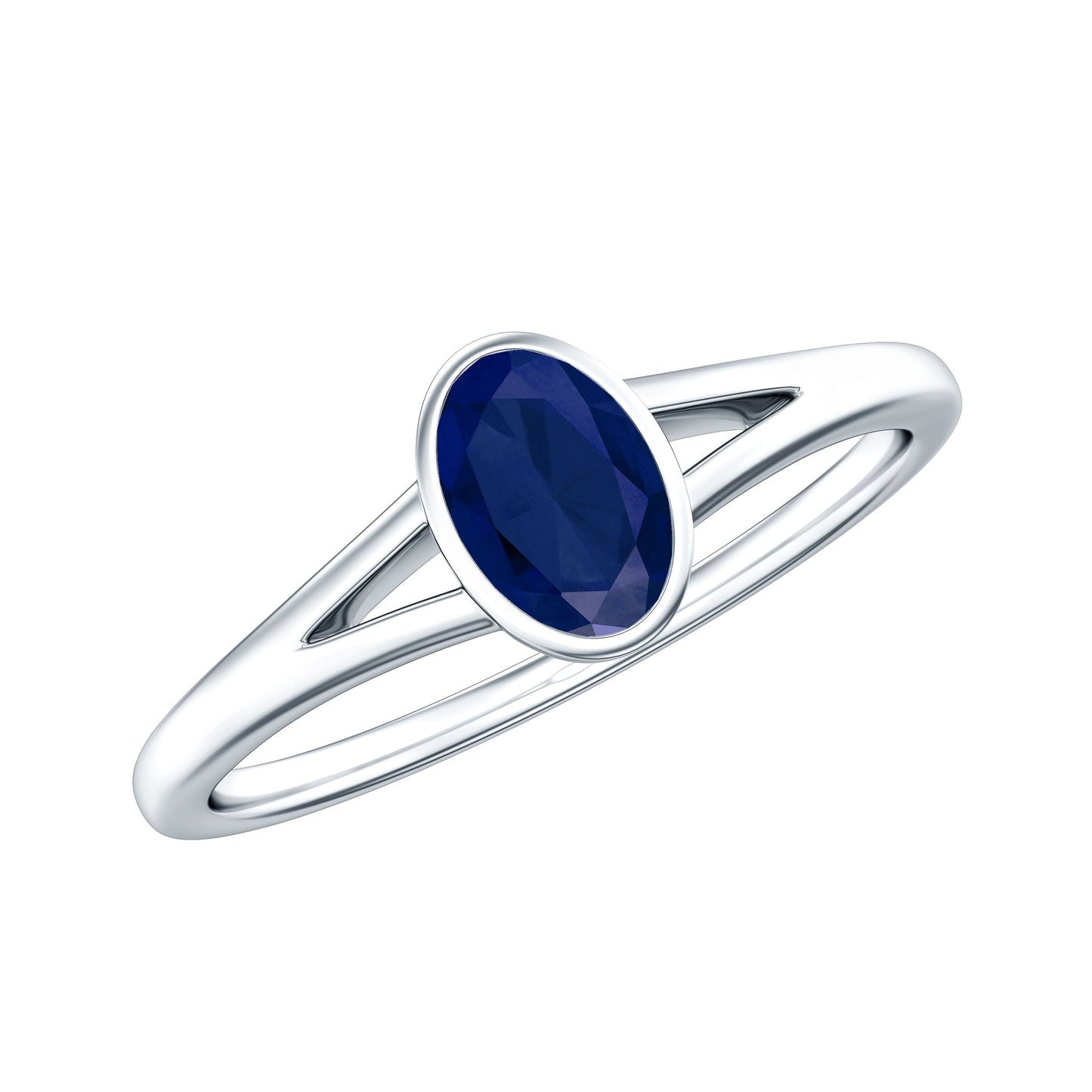 Natural 0.6 Carat Oval Shape Blue Sapphire Promise Ring with Split Shank