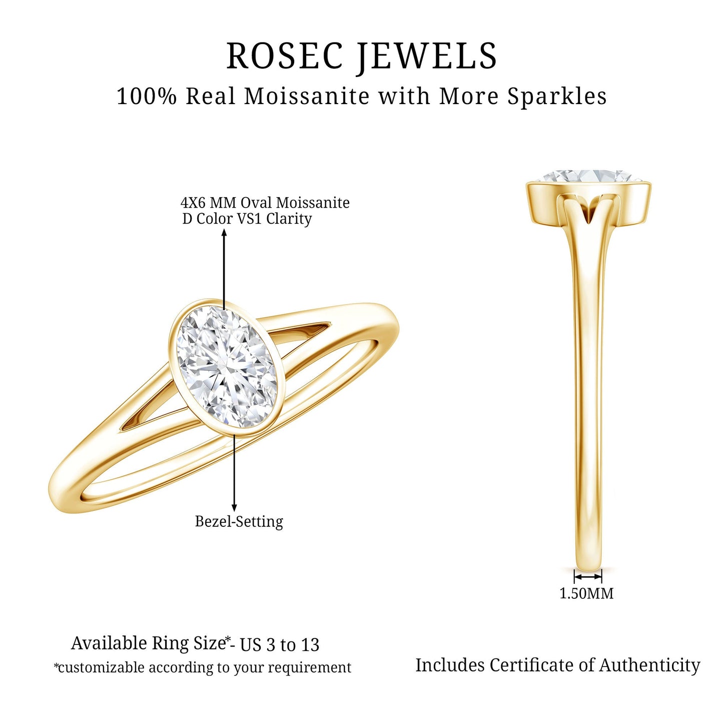 Bezel Set Oval Cut Moissanite Promise Ring in Split Shank