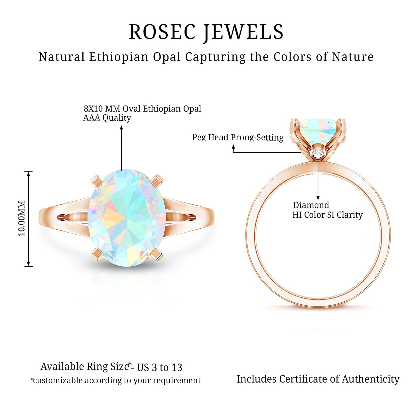 Natural 8X10 mm Ethiopian Opal Diamond Oval Engagement Ring with Split Shank