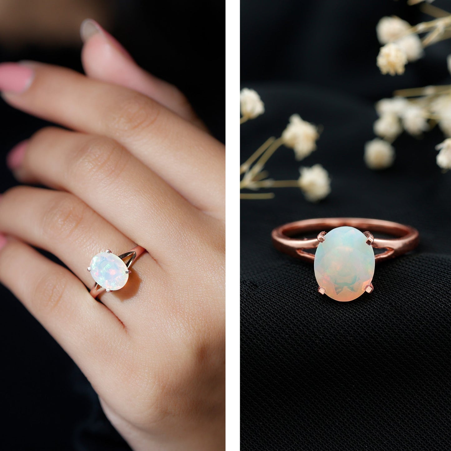 Natural 8X10 mm Ethiopian Opal Diamond Oval Engagement Ring with Split Shank