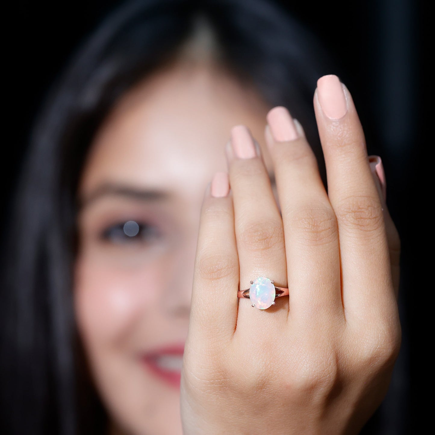 Natural 8X10 mm Ethiopian Opal Diamond Oval Engagement Ring with Split Shank
