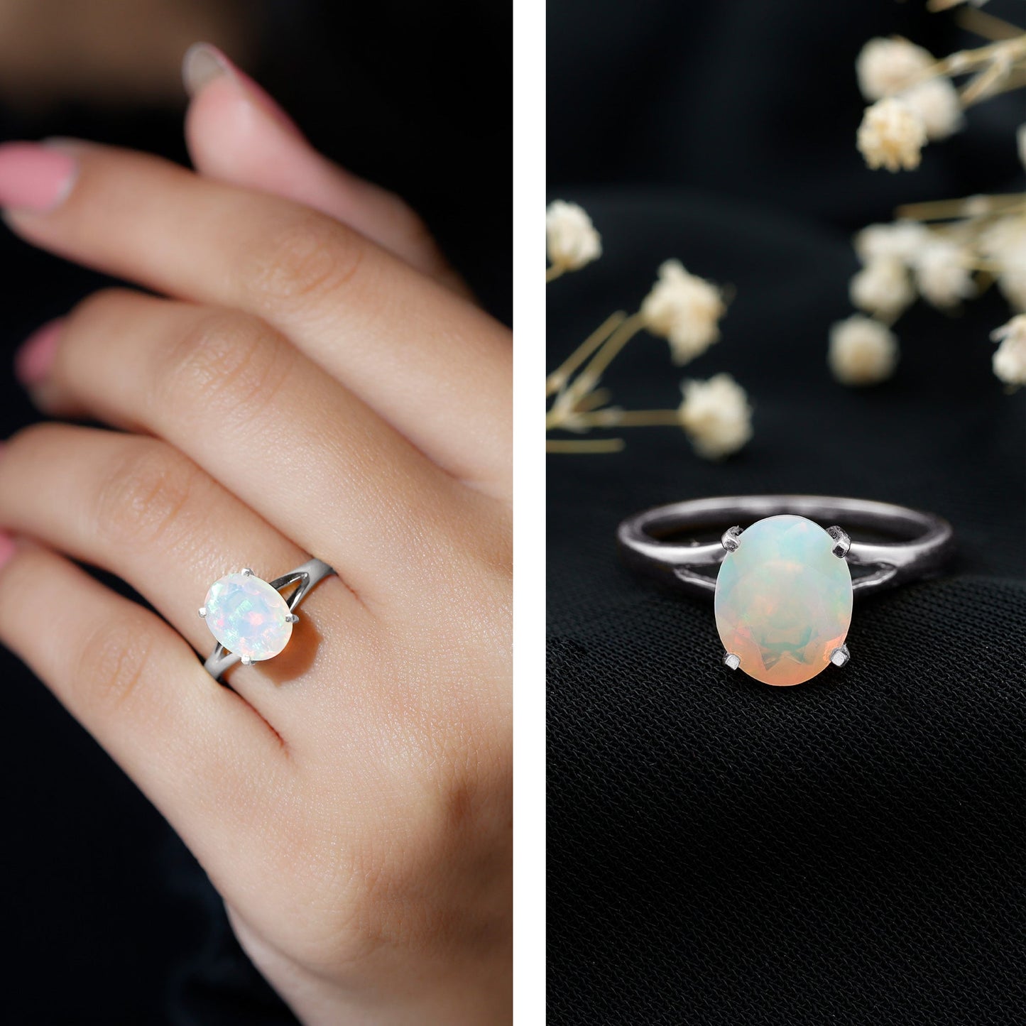 Natural 8X10 mm Ethiopian Opal Diamond Oval Engagement Ring with Split Shank