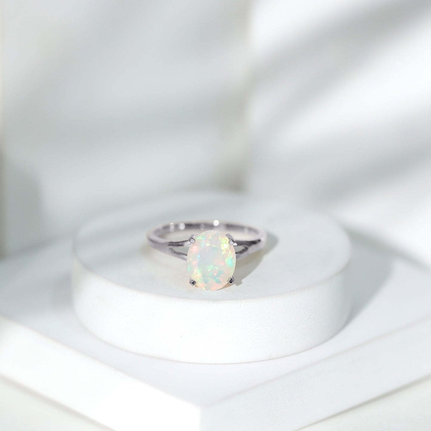 Natural 8X10 mm Ethiopian Opal Diamond Oval Engagement Ring with Split Shank