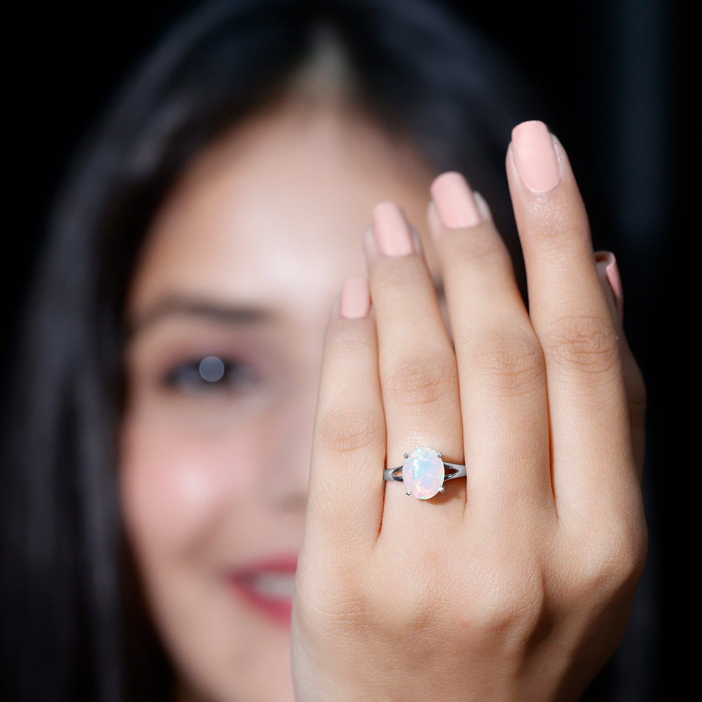 Natural 8X10 mm Ethiopian Opal Diamond Oval Engagement Ring with Split Shank