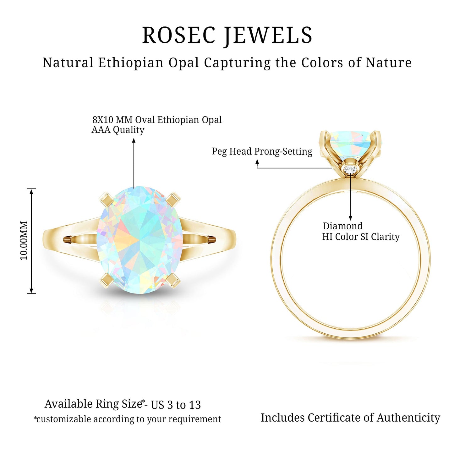 Natural 8X10 mm Ethiopian Opal Diamond Oval Engagement Ring with Split Shank