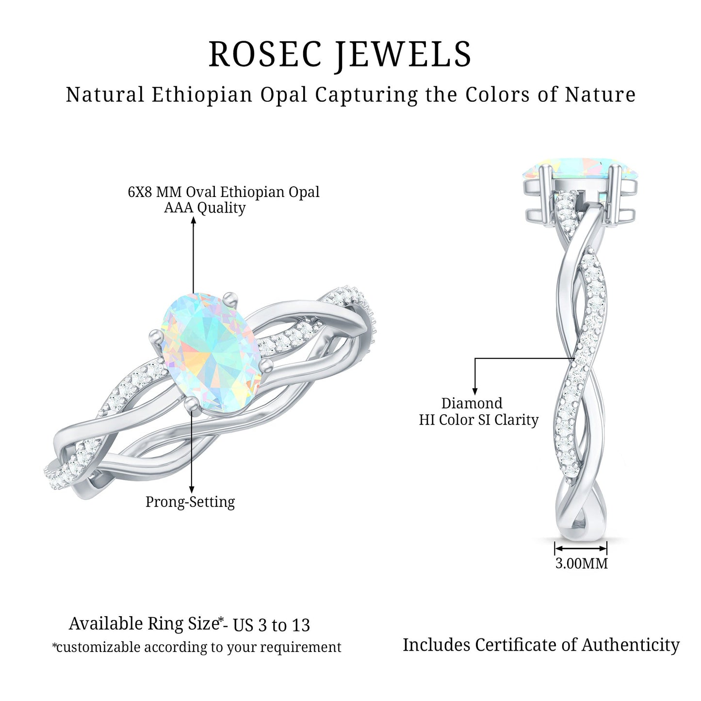 1.2 Carat Natural Opalescent Oval Engagement Ring with Diamond Braided Shank