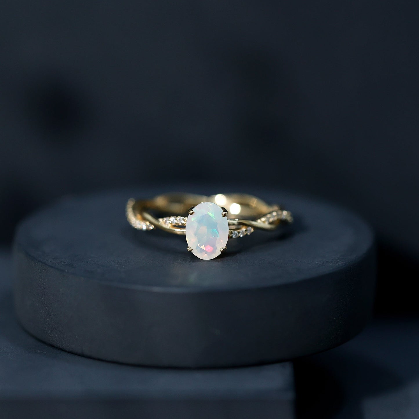 1.2 Carat Natural Opalescent Oval Engagement Ring with Diamond Braided Shank