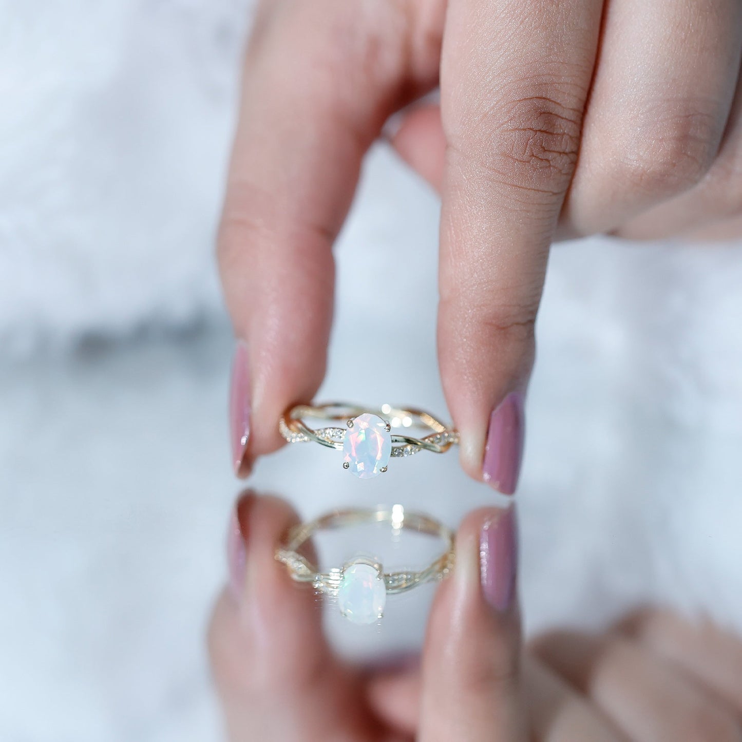 1.2 Carat Natural Opalescent Oval Engagement Ring with Diamond Braided Shank
