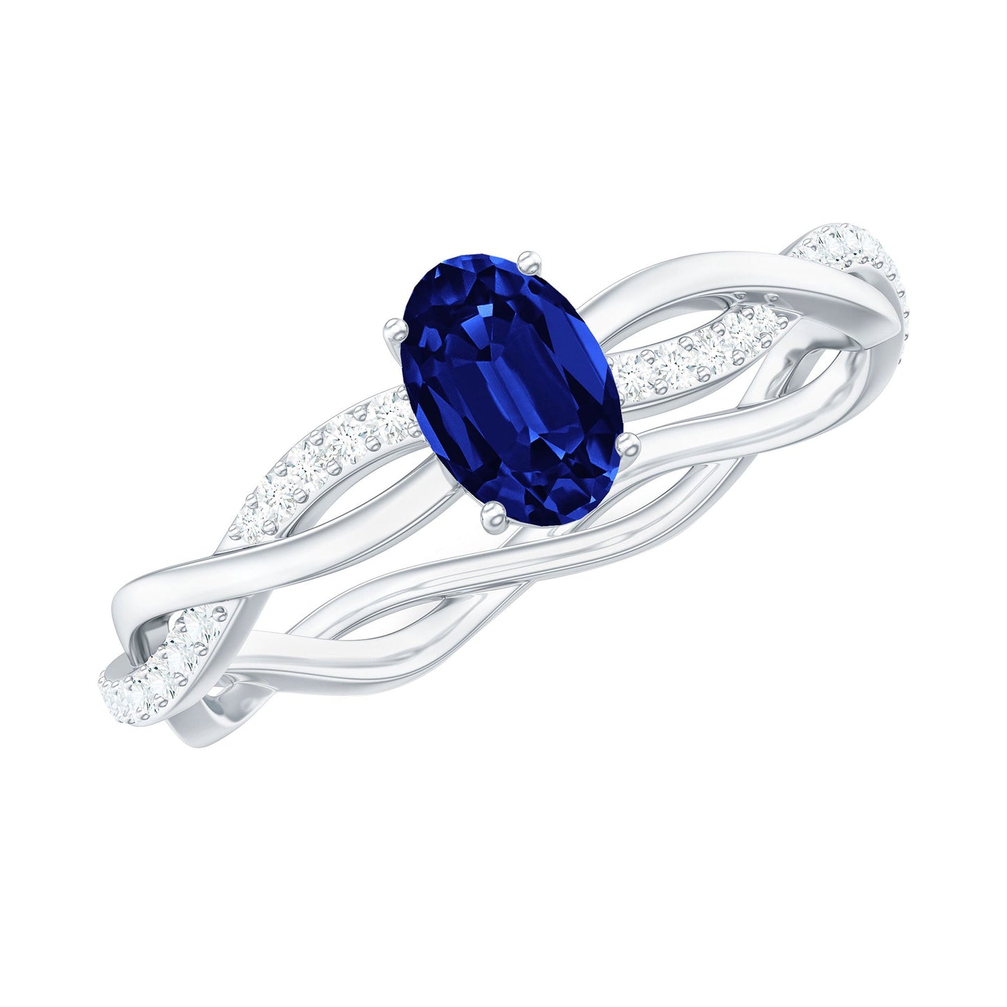Certified 0.6 Carat Oval Lab Grown Blue Sapphire Engagement Ring with Diamond Braided Shank