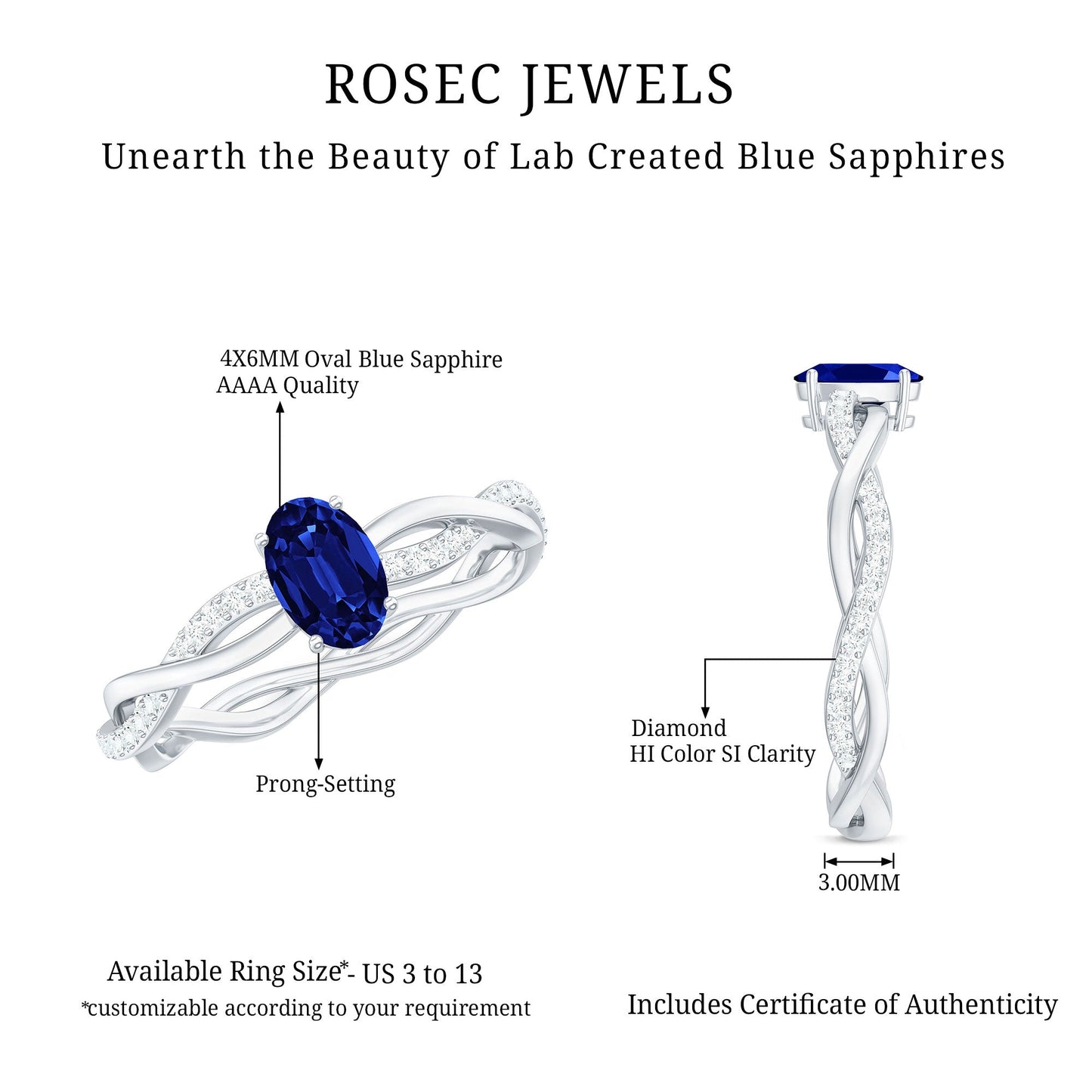 Certified 0.6 Carat Oval Lab Grown Blue Sapphire Engagement Ring with Diamond Braided Shank