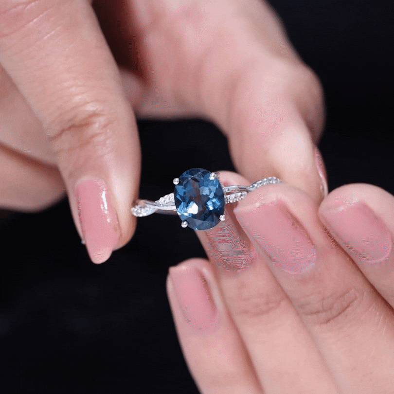 2.5 Carat Oval Cut London Blue Topaz Oblong Engagement Ring with Diamond
