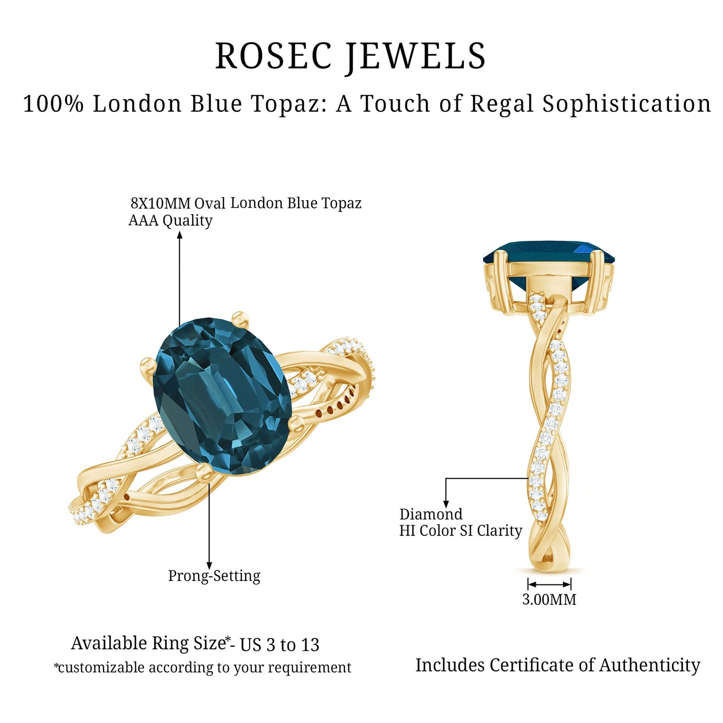 2.5 Carat Oval Cut London Blue Topaz Oblong Engagement Ring with Diamond