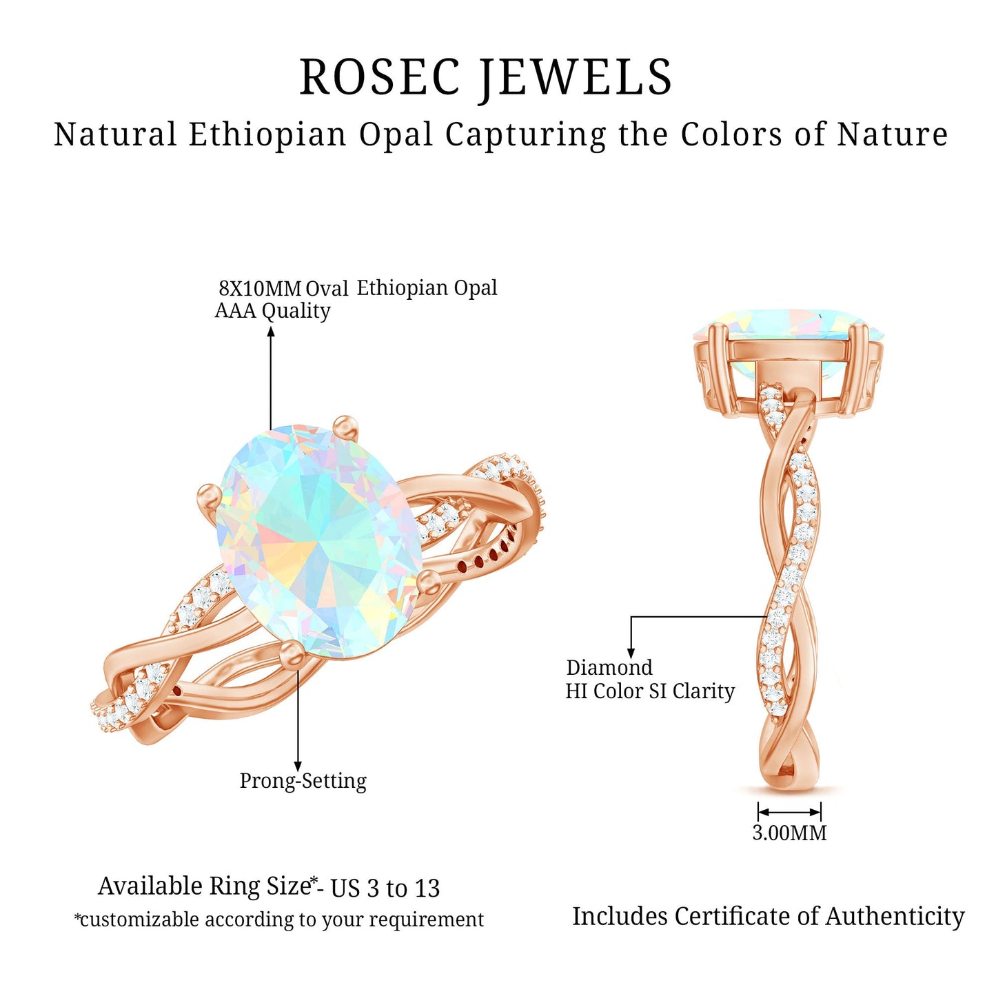 1.3 Carat Real Ethiopian Rainbow Opal Engagement Ring with Diamond Braided Shank