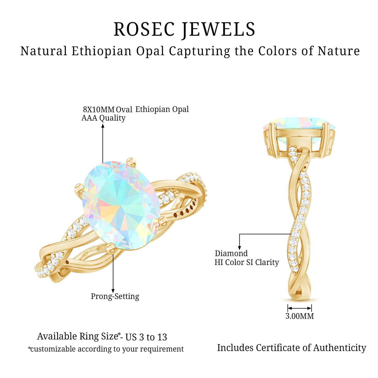 1.3 Carat Real Ethiopian Rainbow Opal Engagement Ring with Diamond Braided Shank