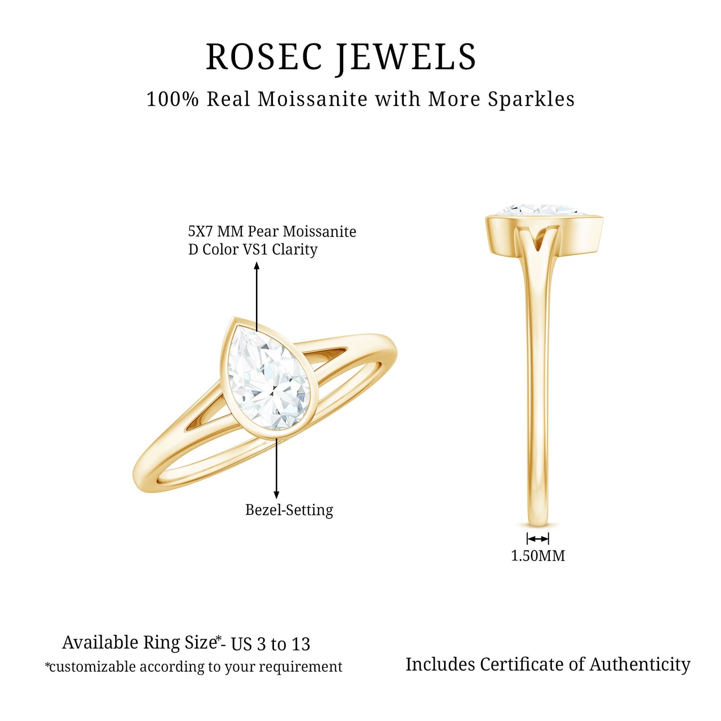 Bezel Set Pear Shaped Moissanite Promise Ring in Split Shank