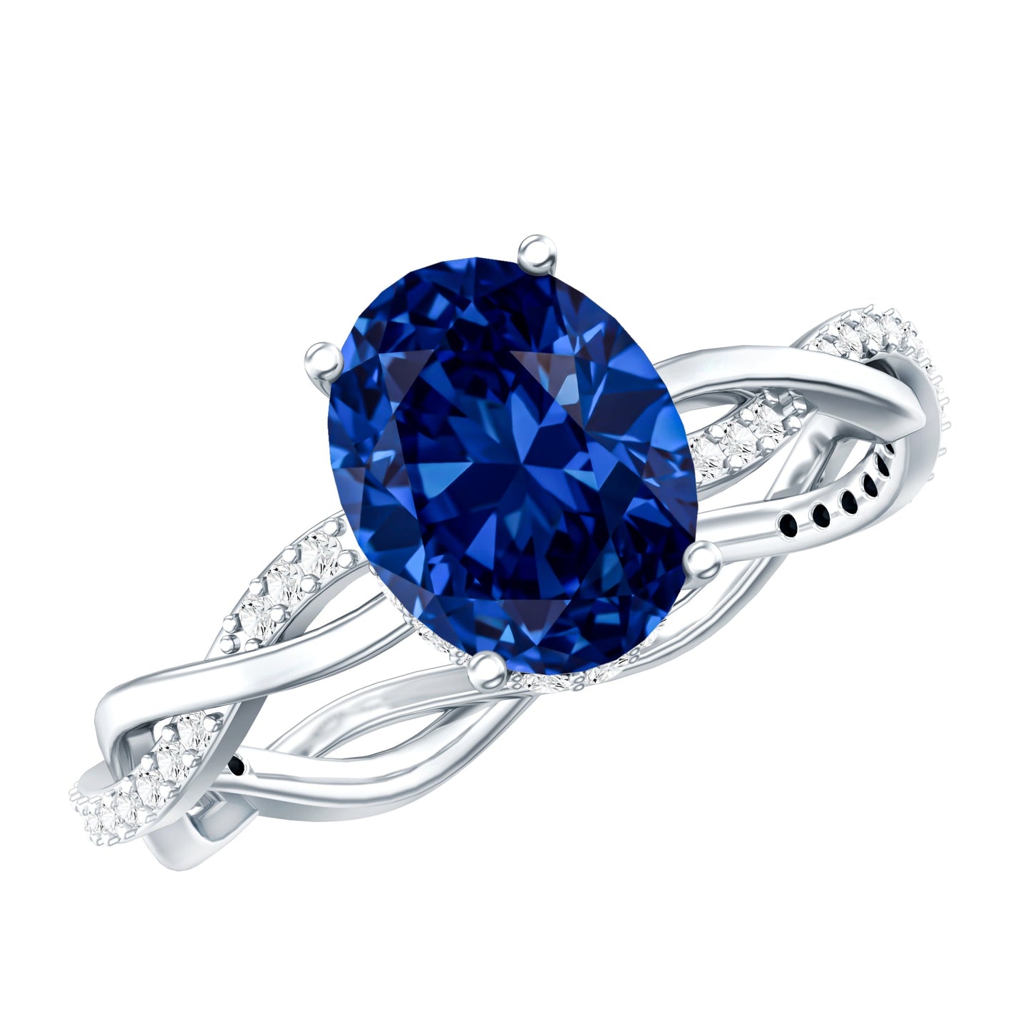 Certified 4 Carat Lab Grown Blue Sapphire Oval Engagement Ring with Diamond Braided Shank