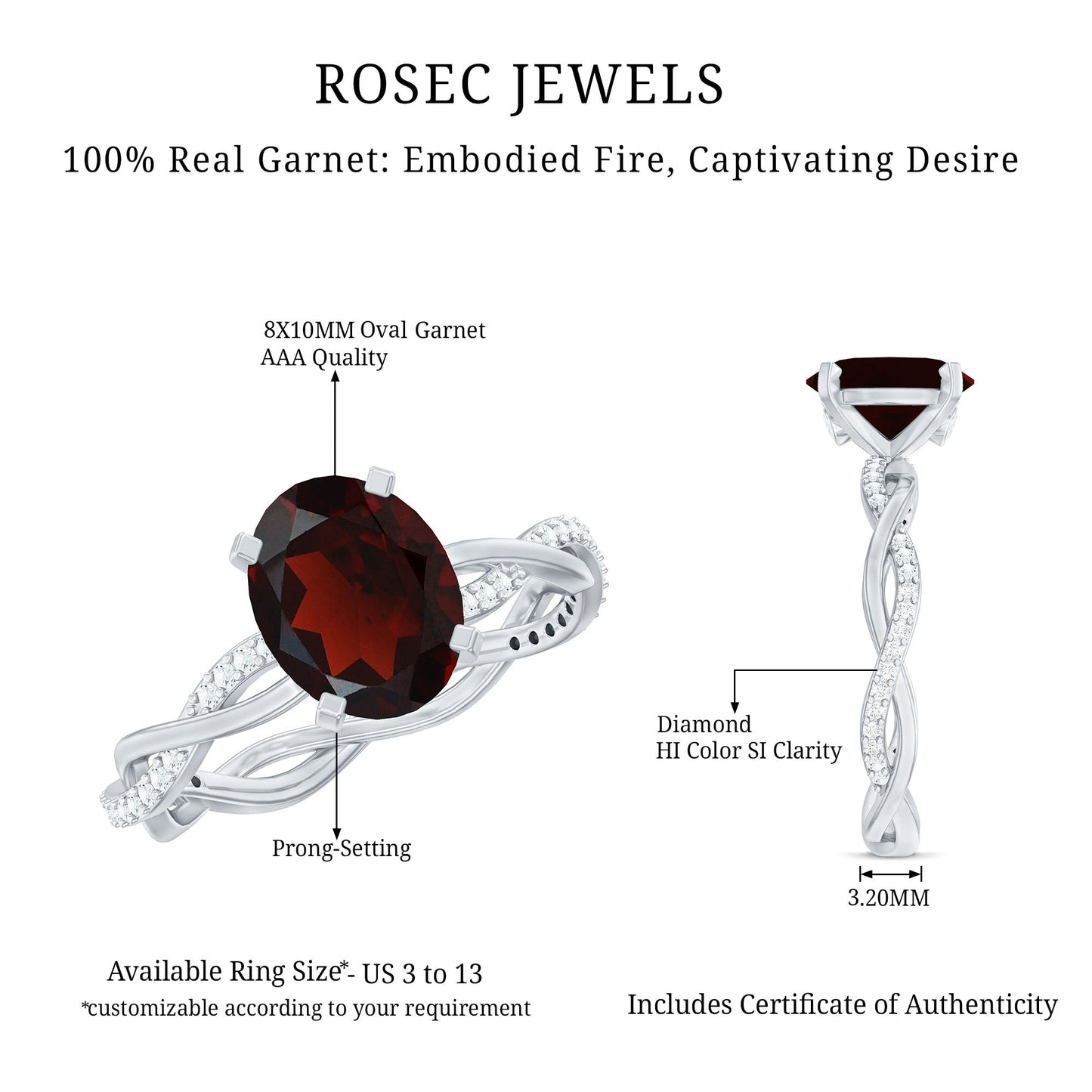 Natural 3.6 Carat Garnet Big Engagement Ring with Diamond Braided Shank