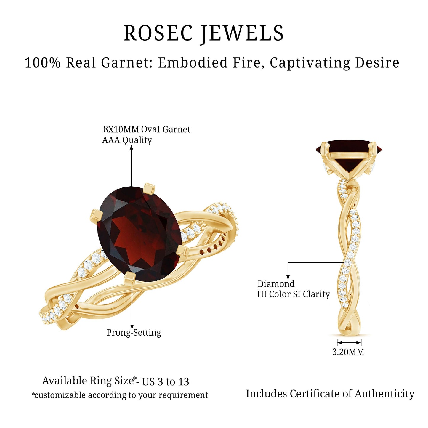 Natural 3.6 Carat Garnet Big Engagement Ring with Diamond Braided Shank