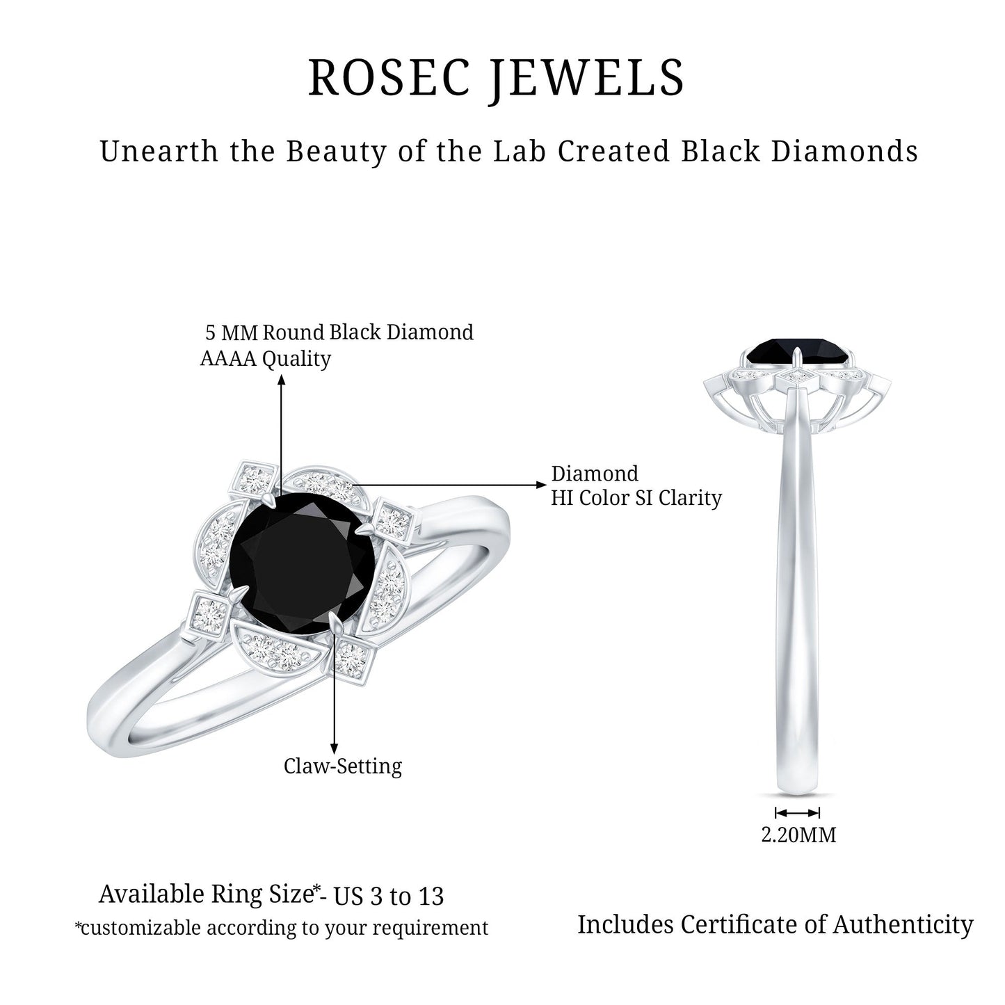 Vintage Looking 0.8 Carat Lab Grown Black and White Diamond Engagement Ring