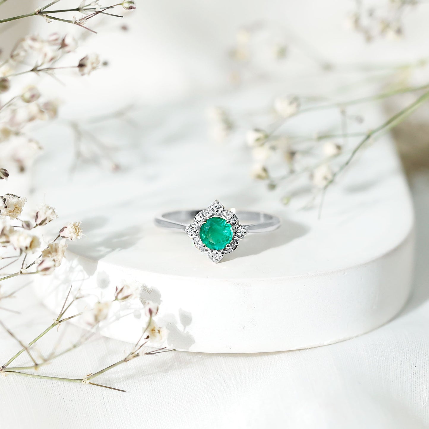 Natural Emerald and Diamond Vintage Inspired Engagement Ring For Her