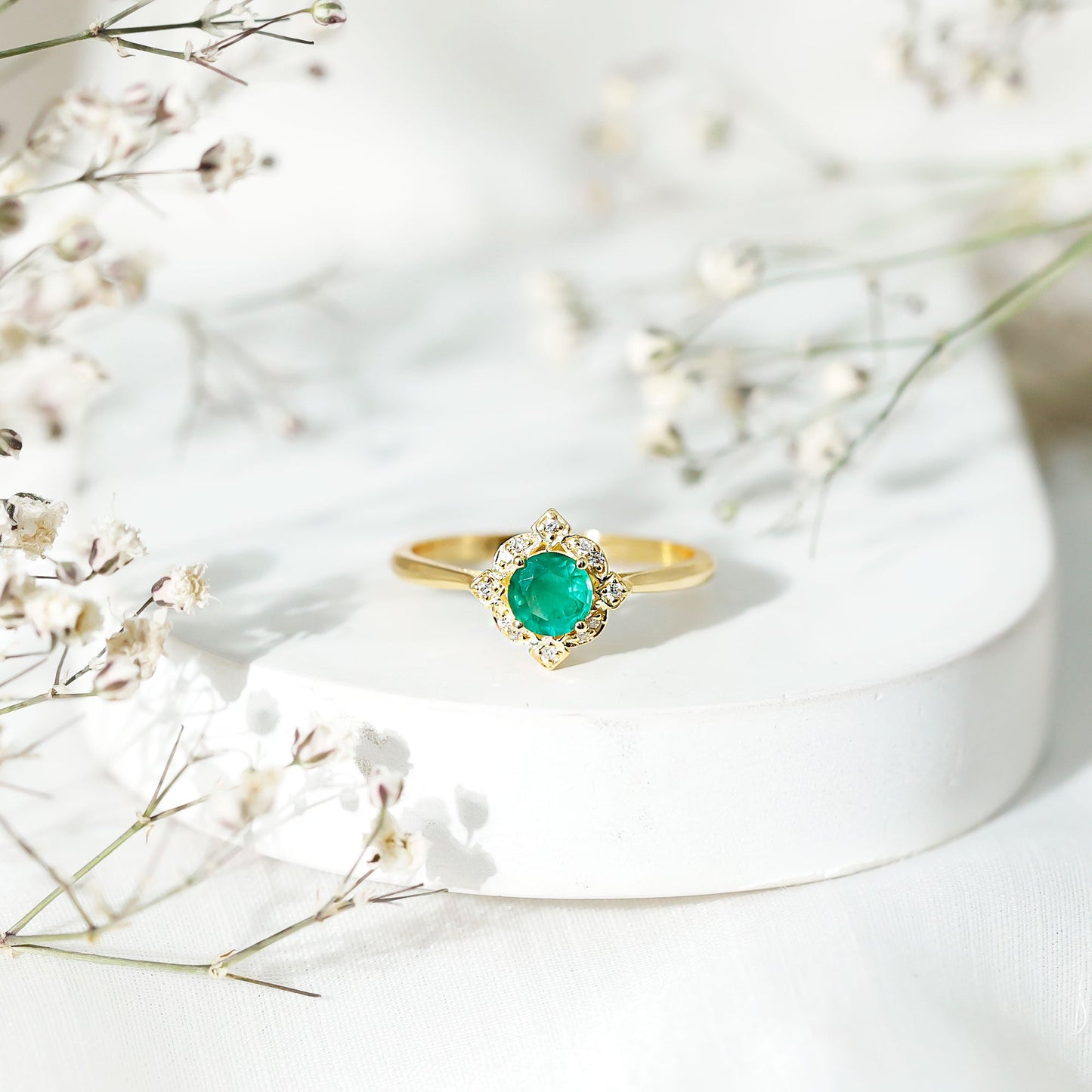 Natural Emerald and Diamond Vintage Inspired Engagement Ring For Her