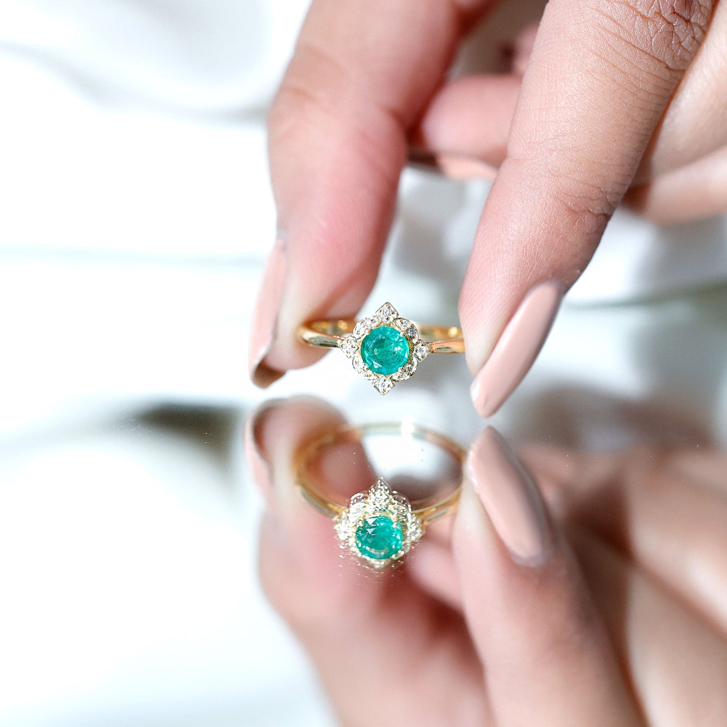 Natural Emerald and Diamond Vintage Inspired Engagement Ring For Her