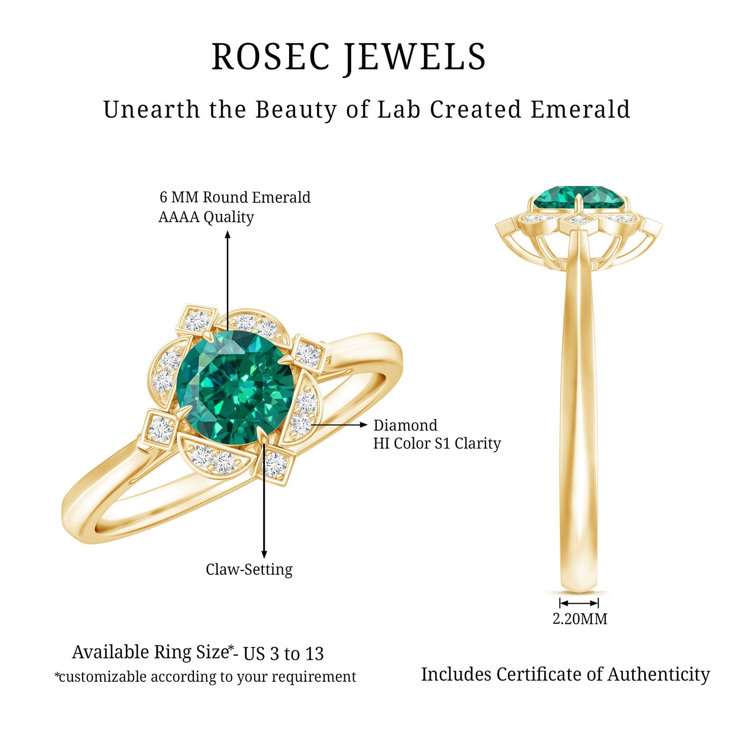 Lab Grown Emerald and Diamond Art Deco Engagement Ring