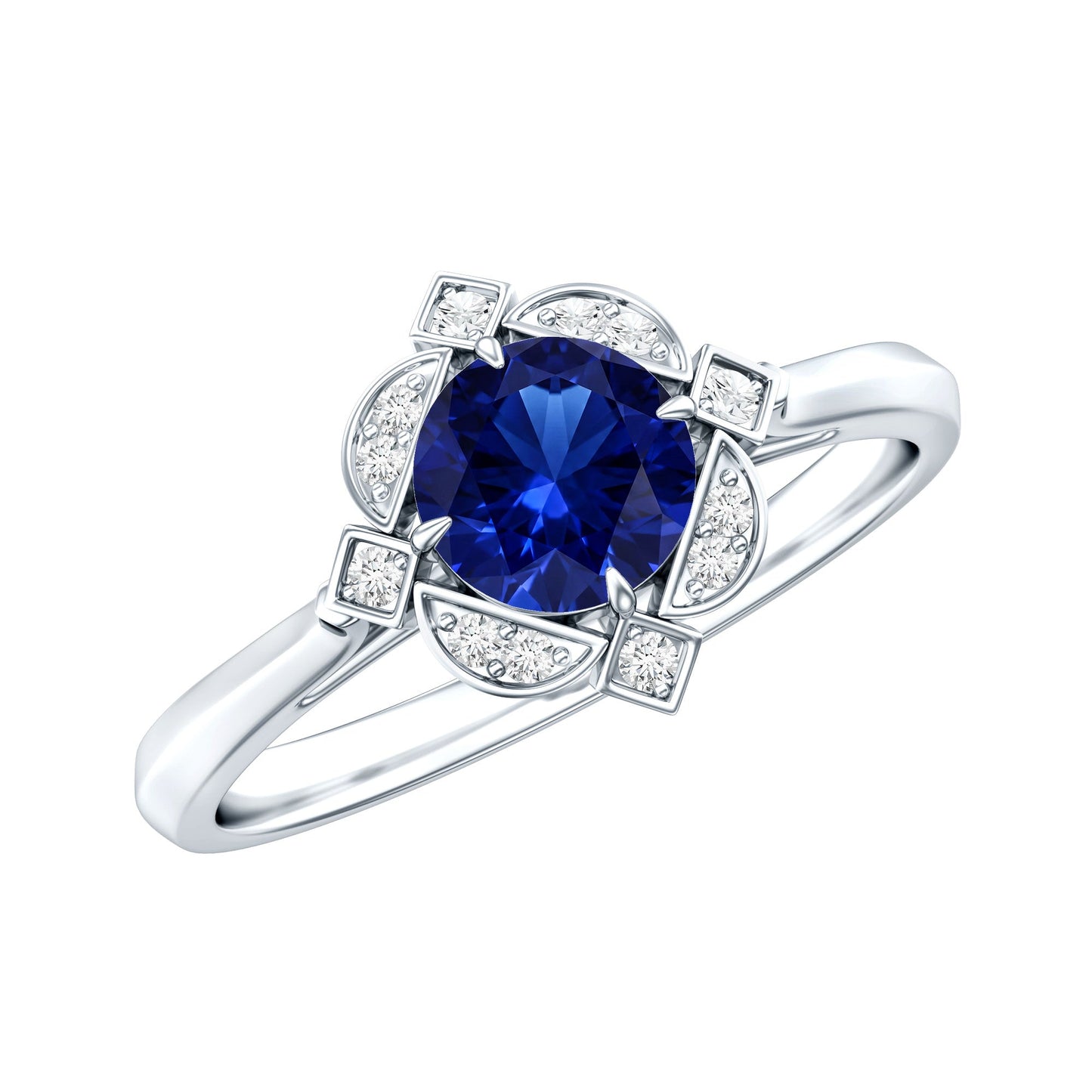 Vintage Style 0.6 Carat Lab Grown Blue Sapphire Engagement Ring with Diamond