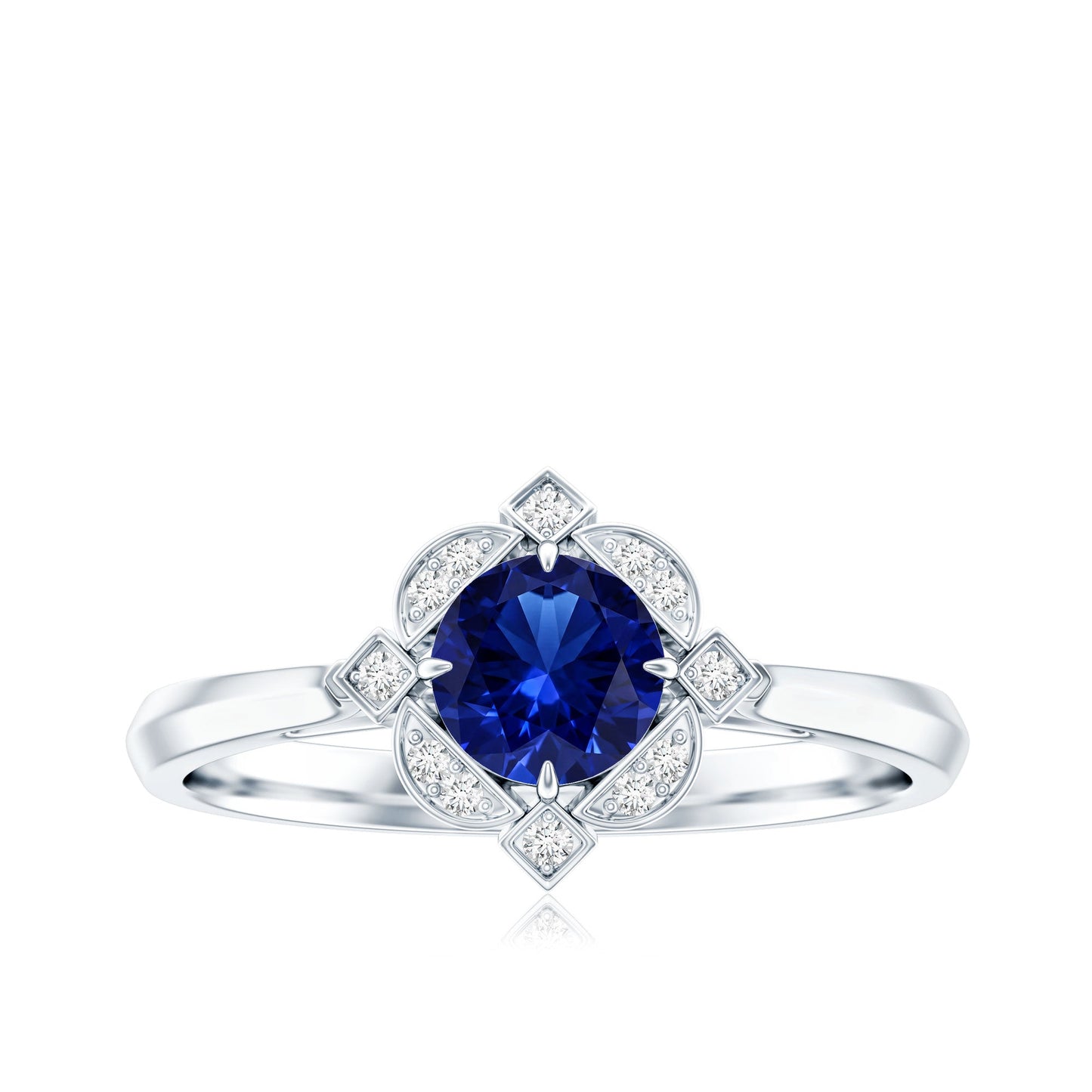 Vintage Style 0.6 Carat Lab Grown Blue Sapphire Engagement Ring with Diamond