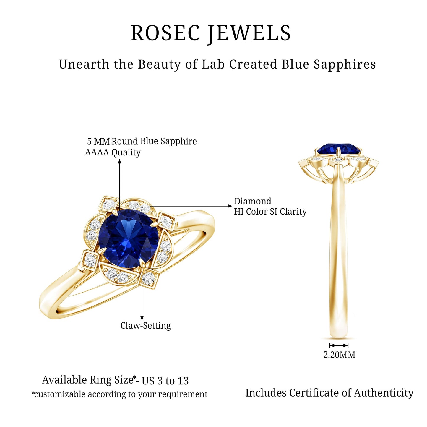 Vintage Style 0.6 Carat Lab Grown Blue Sapphire Engagement Ring with Diamond