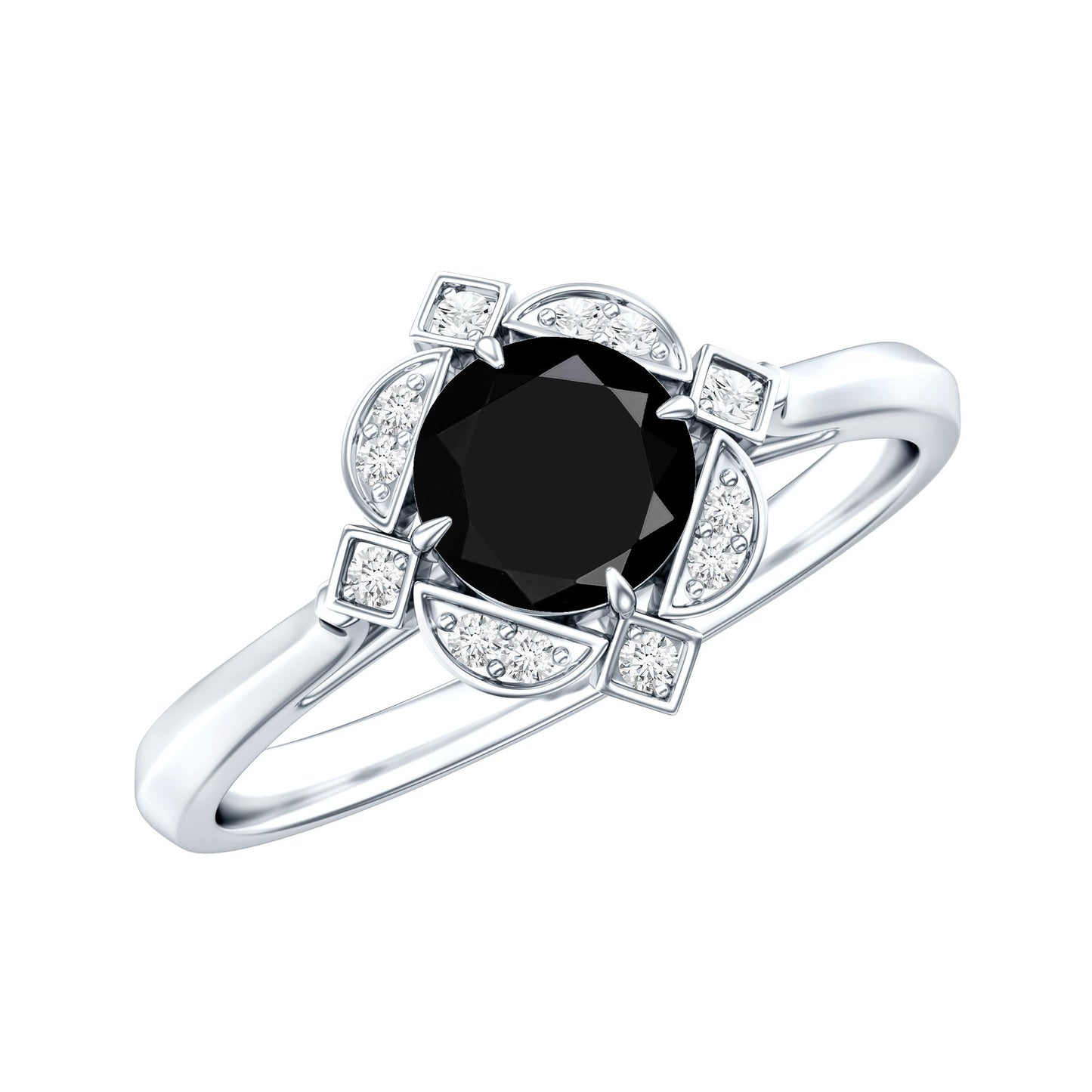 Round Cut Black Onyx and Diamond Flower Engagement Ring