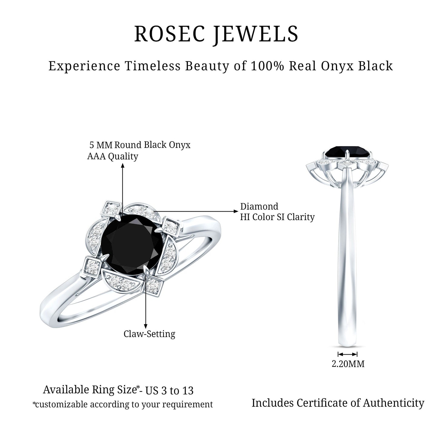 Round Cut Black Onyx and Diamond Flower Engagement Ring