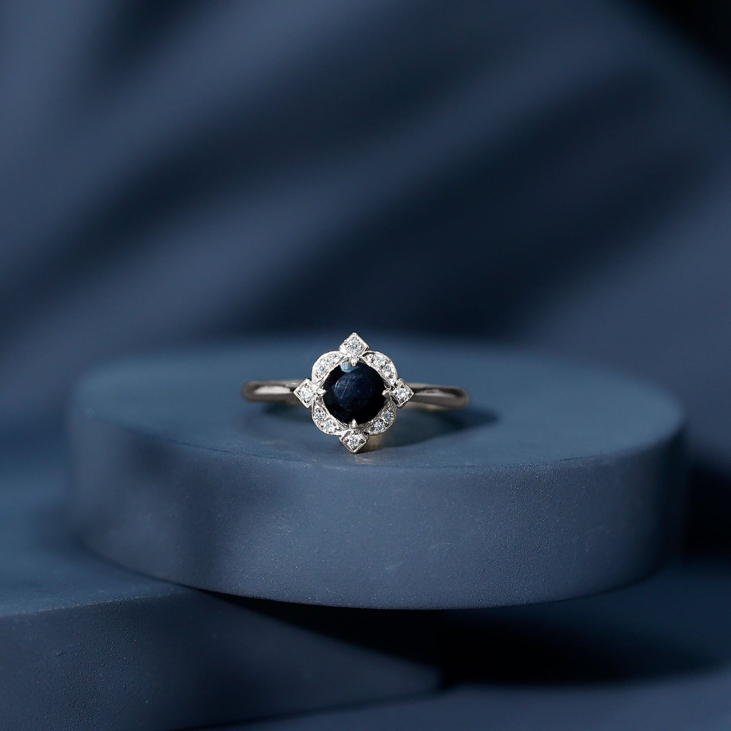 Round Cut Black Onyx and Diamond Flower Engagement Ring