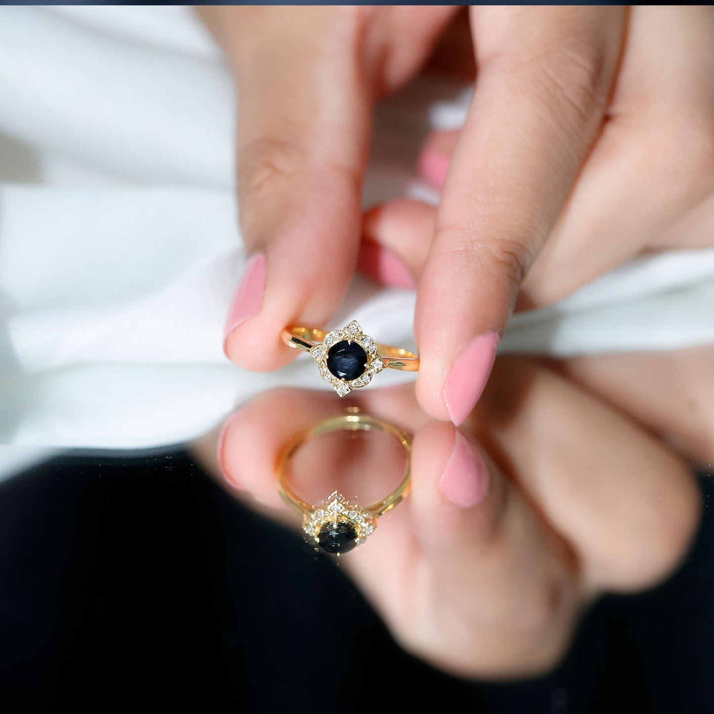 Round Cut Black Onyx and Diamond Flower Engagement Ring