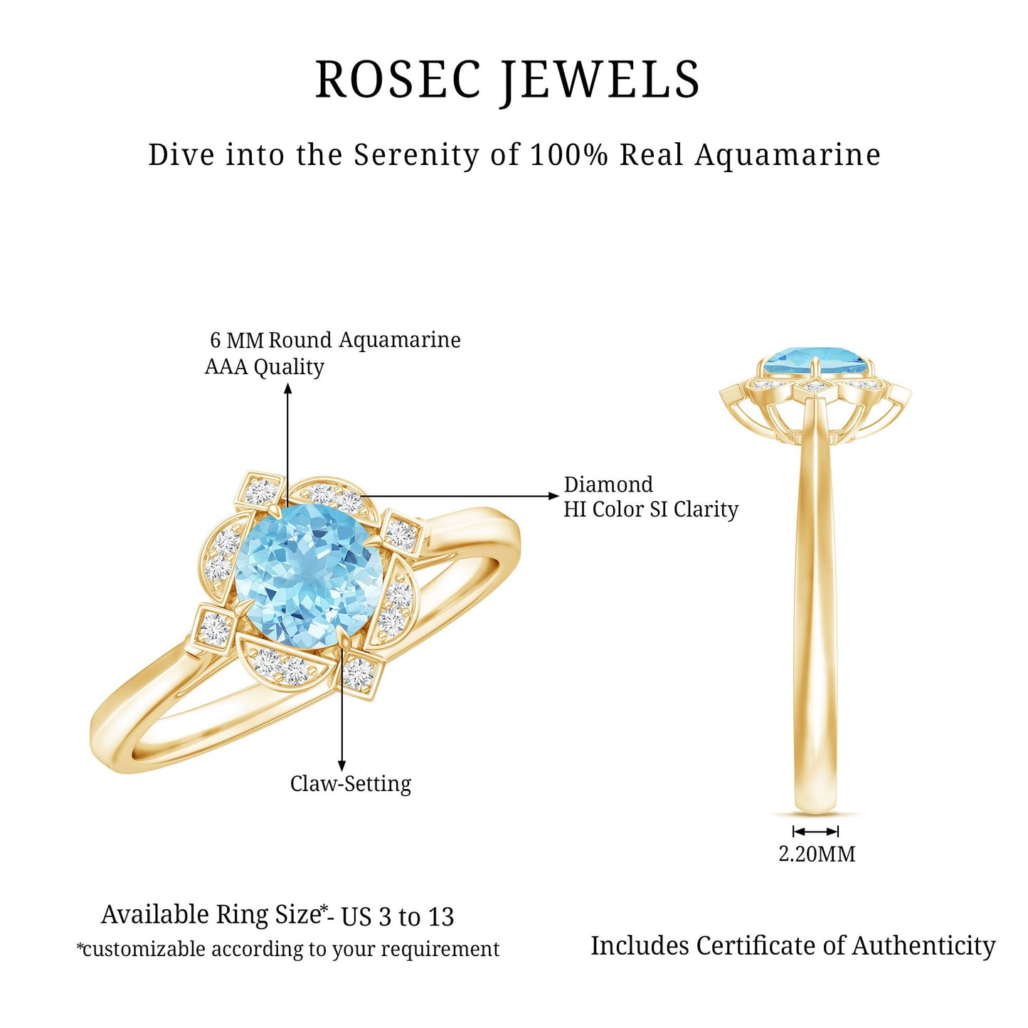 Vintage Inspired Aquamarine and Diamond Engagement Ring with Certificate