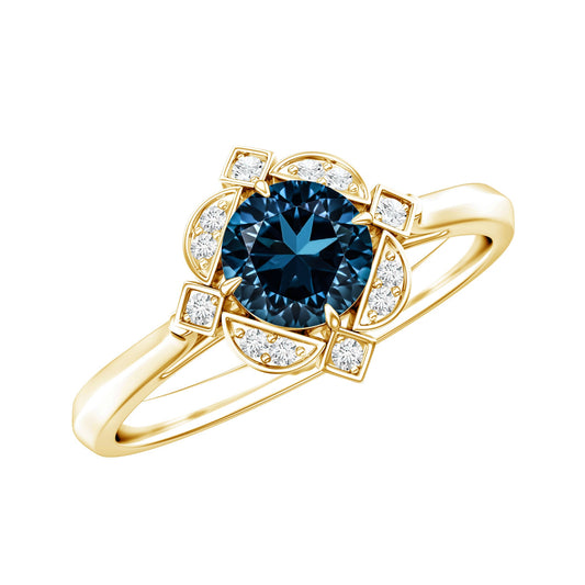 Round Cut London Blue Topaz and Diamond Flower Engagement Ring