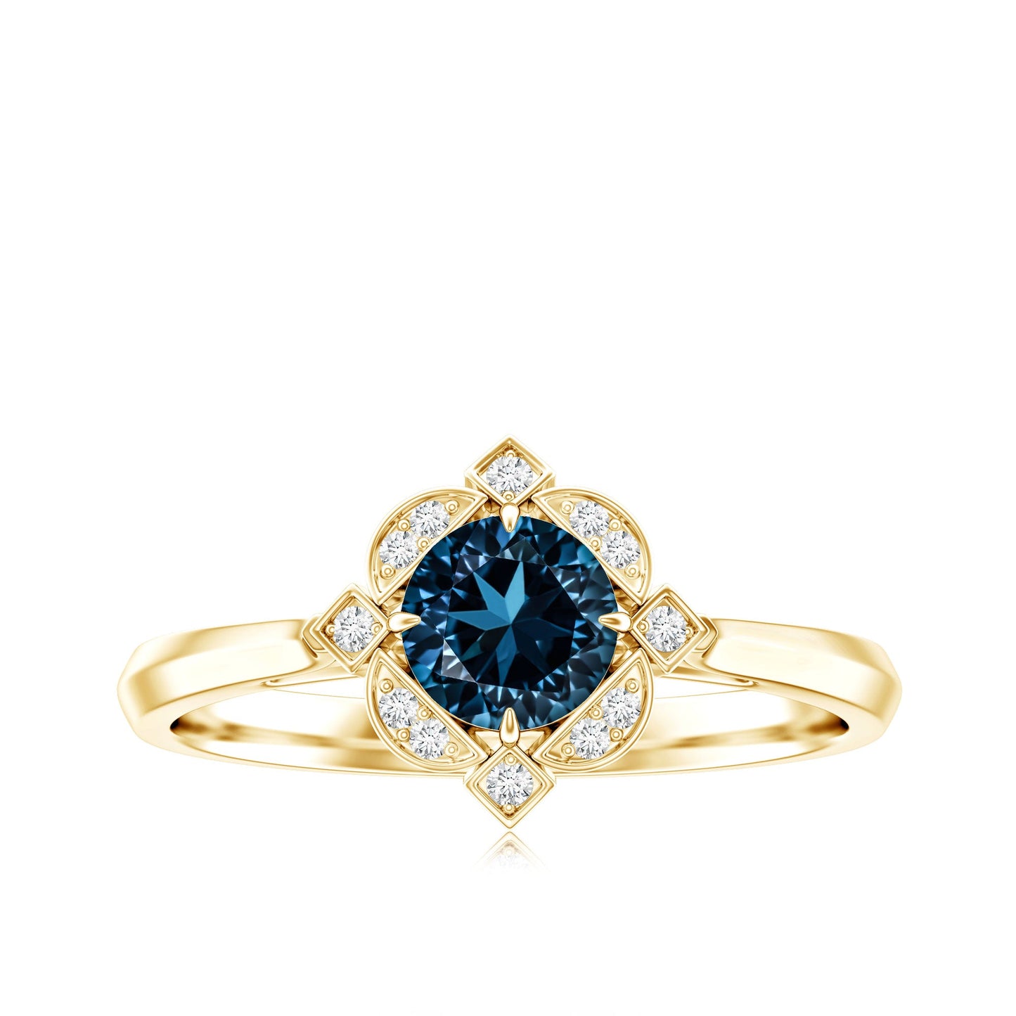 Round Cut London Blue Topaz and Diamond Flower Engagement Ring