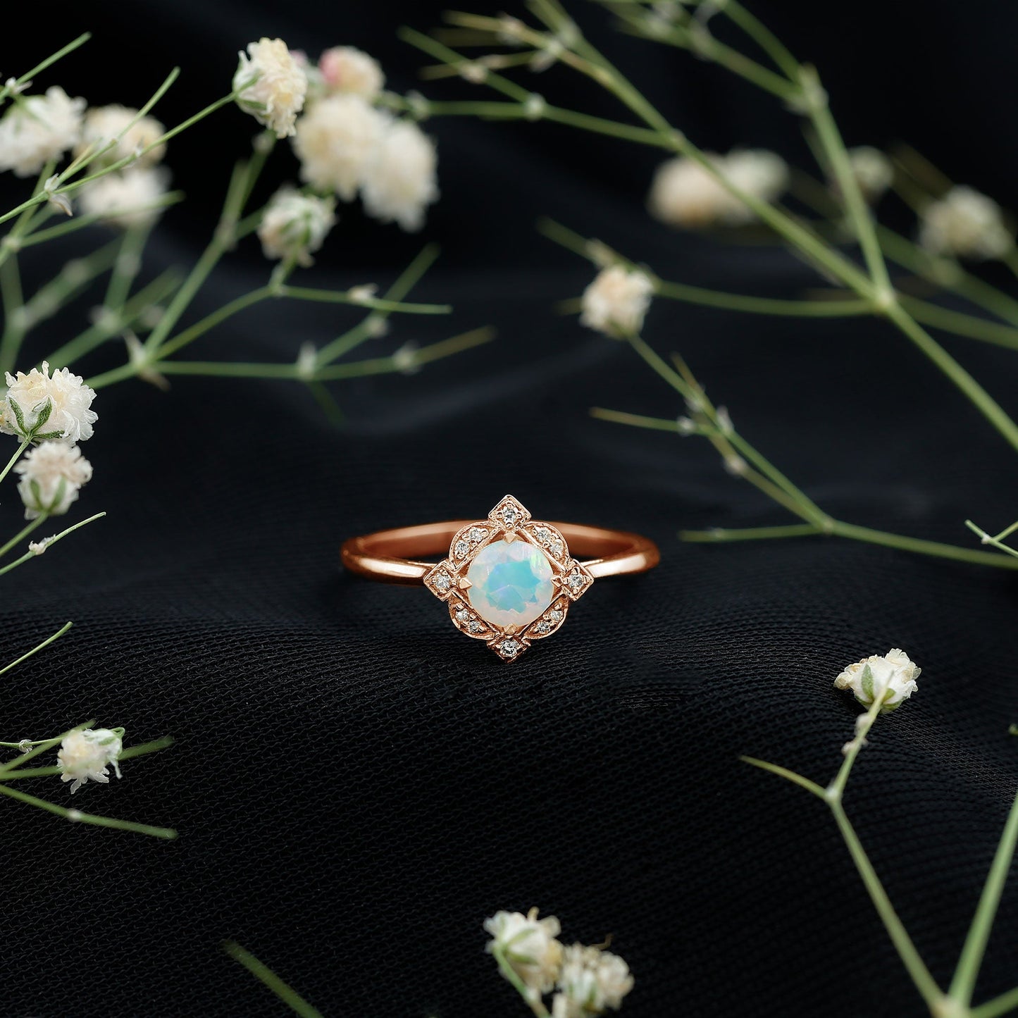 Real Ethiopian Opal Vintage Looking Engagement Ring with Diamond
