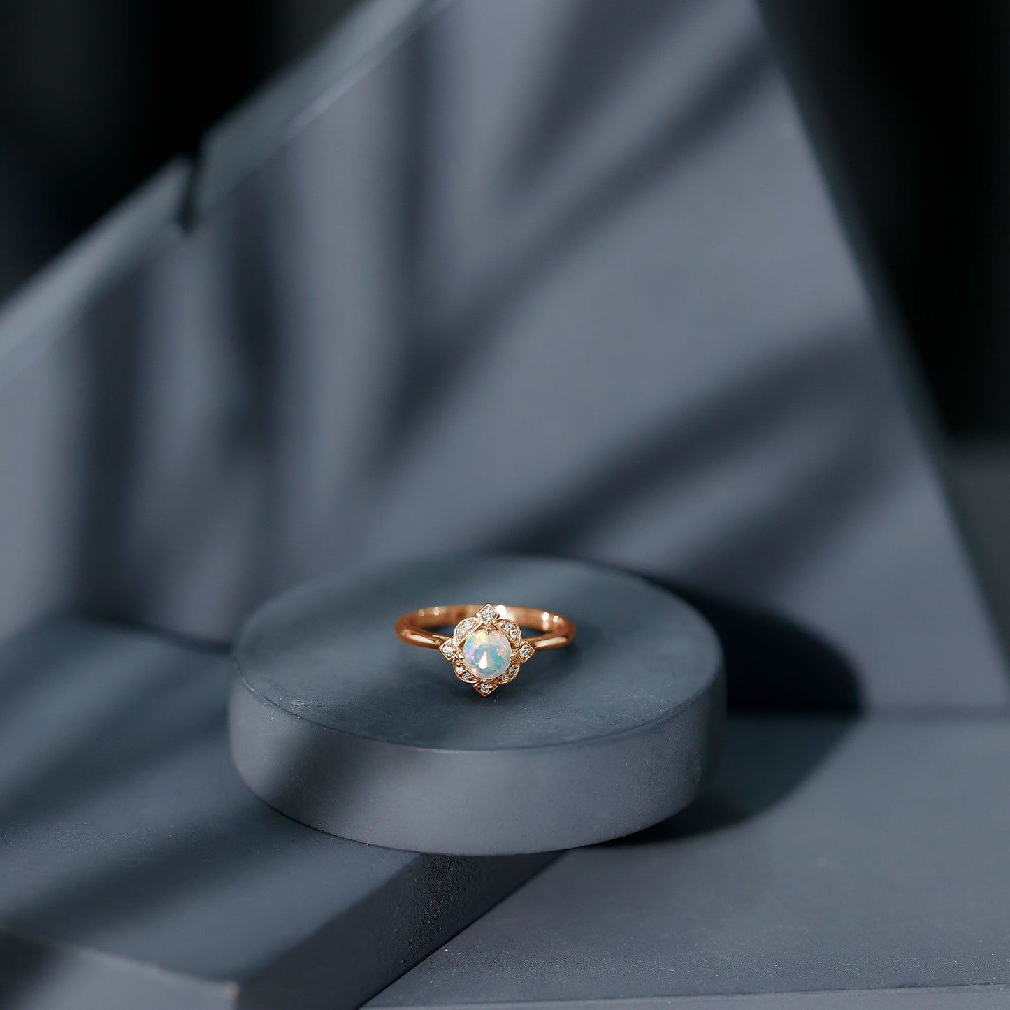 Real Ethiopian Opal Vintage Looking Engagement Ring with Diamond