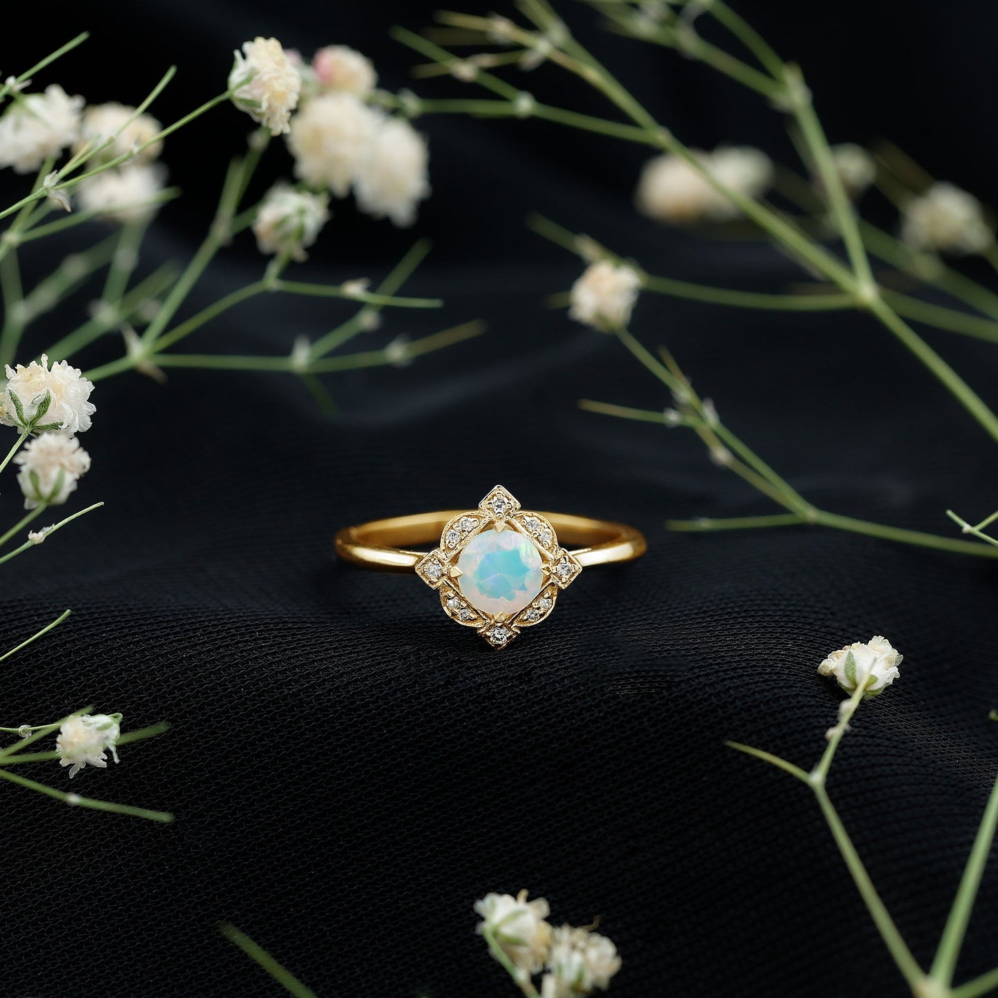 Real Ethiopian Opal Vintage Looking Engagement Ring with Diamond