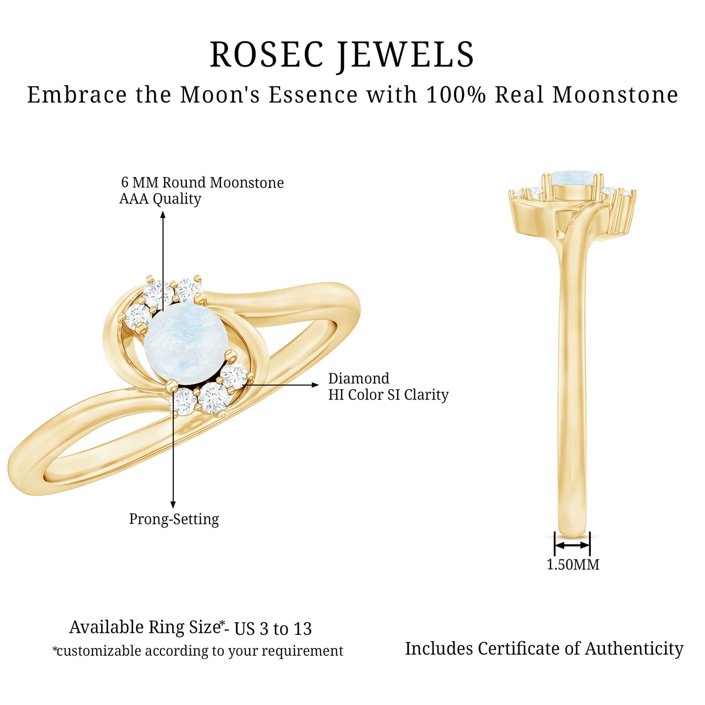 Genuine Moonstone and Diamond Bypass Promise Ring