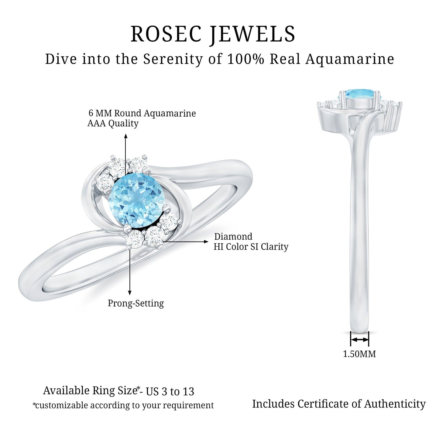 Genuine Aquamarine and Diamond Promise Ring For Her