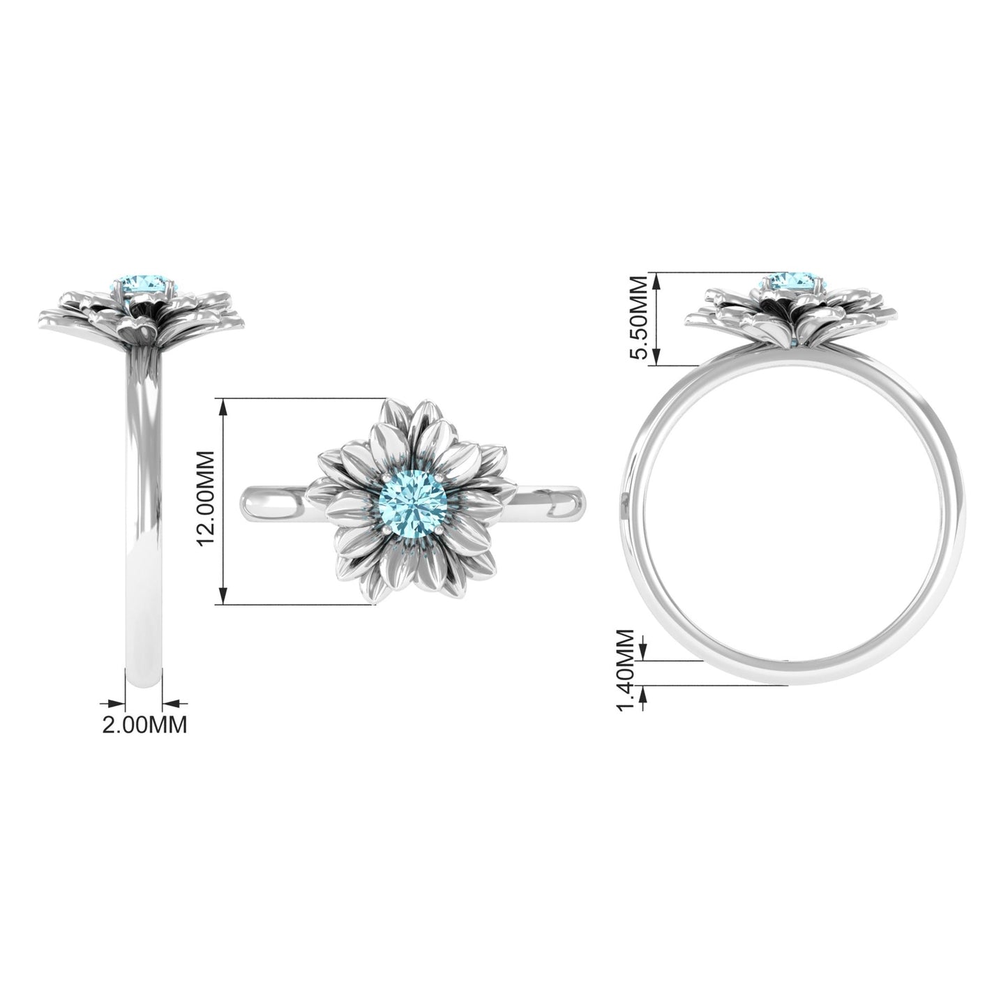Round Cut Real Aquamarine Flower Engagement Ring